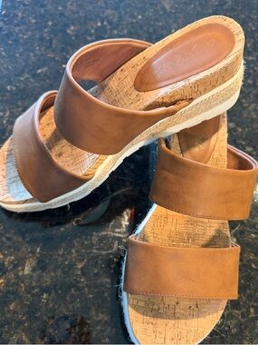 easy street Brown Double-Band Cork Wedge Slide Sandals